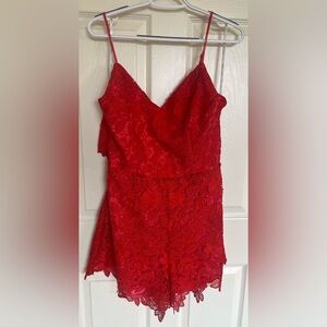 Lovers + Friends Red/Orange Lace Romper Size L Floral Lace V-Neck Tie Back